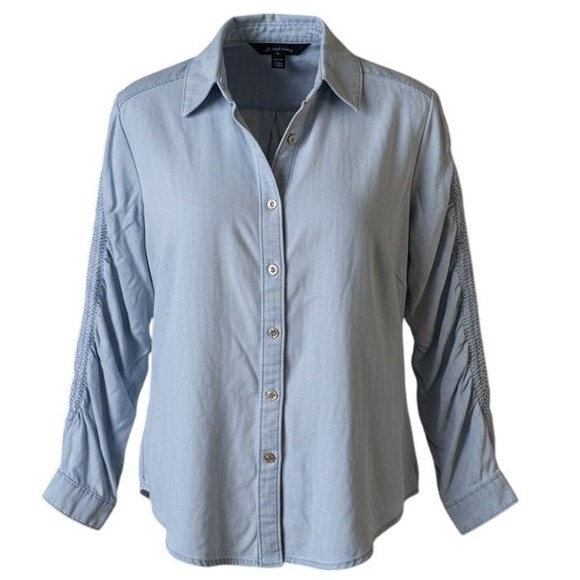 White House Black Market Tops - White House Black Market WHBM Blue Smocked Sleeve Denim Look‎ Shirt Size 2 NEW